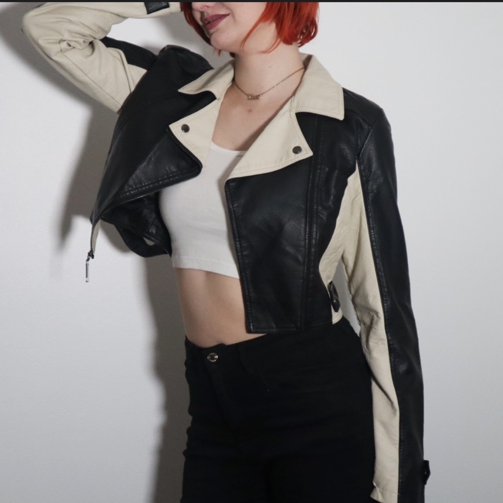 Black/Cream Color Block Cropped Leather Jacket